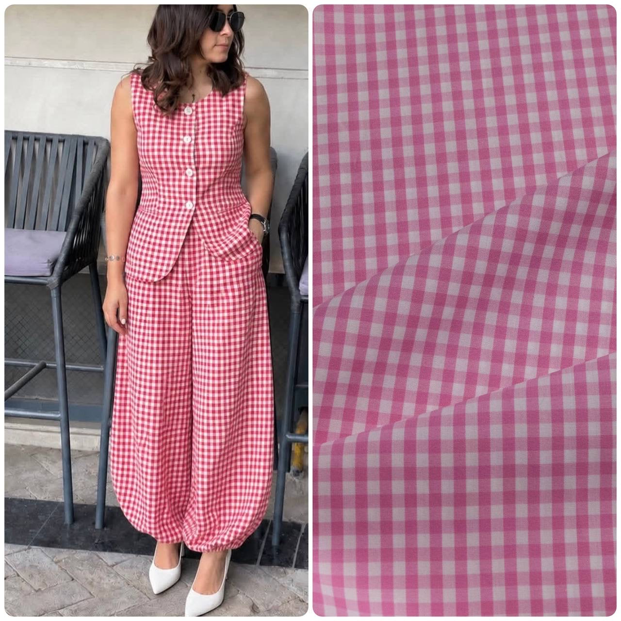 Pink White Gingham Cotton Fabric | Italian Cotton
